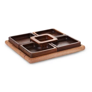 طبق مقبلات مع 5 بولات، مربع مقاس 25x25x3.5سم،  خشب طبيعى - خشبى